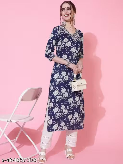 Women Rayon Printed V - Neck Straight Kurti