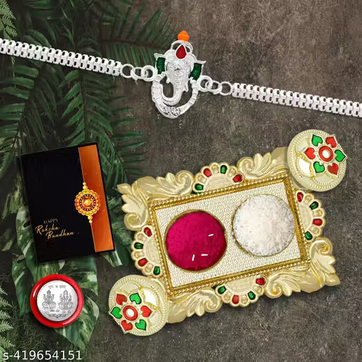 Multicolor Rakhi Combo With Dish, Silver Color Pooja Coin, Roli Chawal & Greeting Card