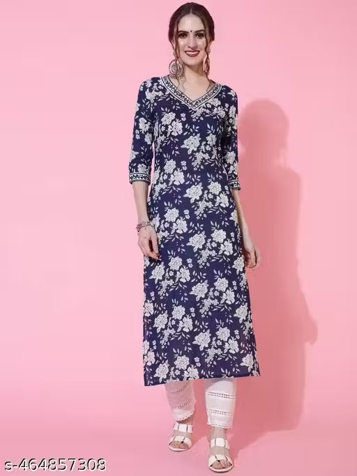 Women Rayon Printed V - Neck Straight Kurti